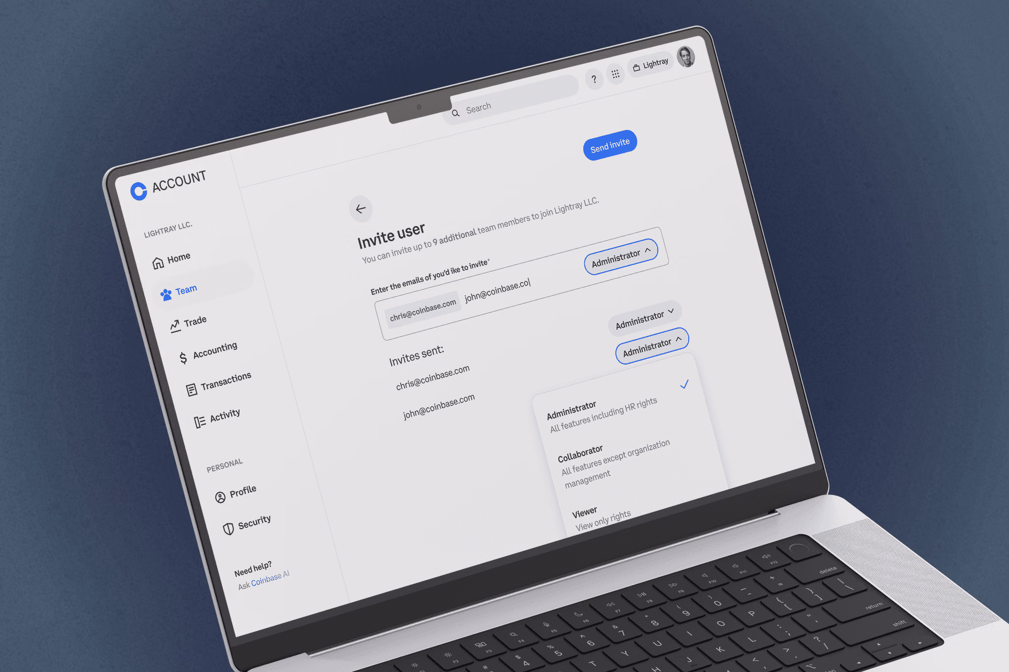 Invite user screen with email field and role dropdown (Administrator, Collaborator, Viewer)