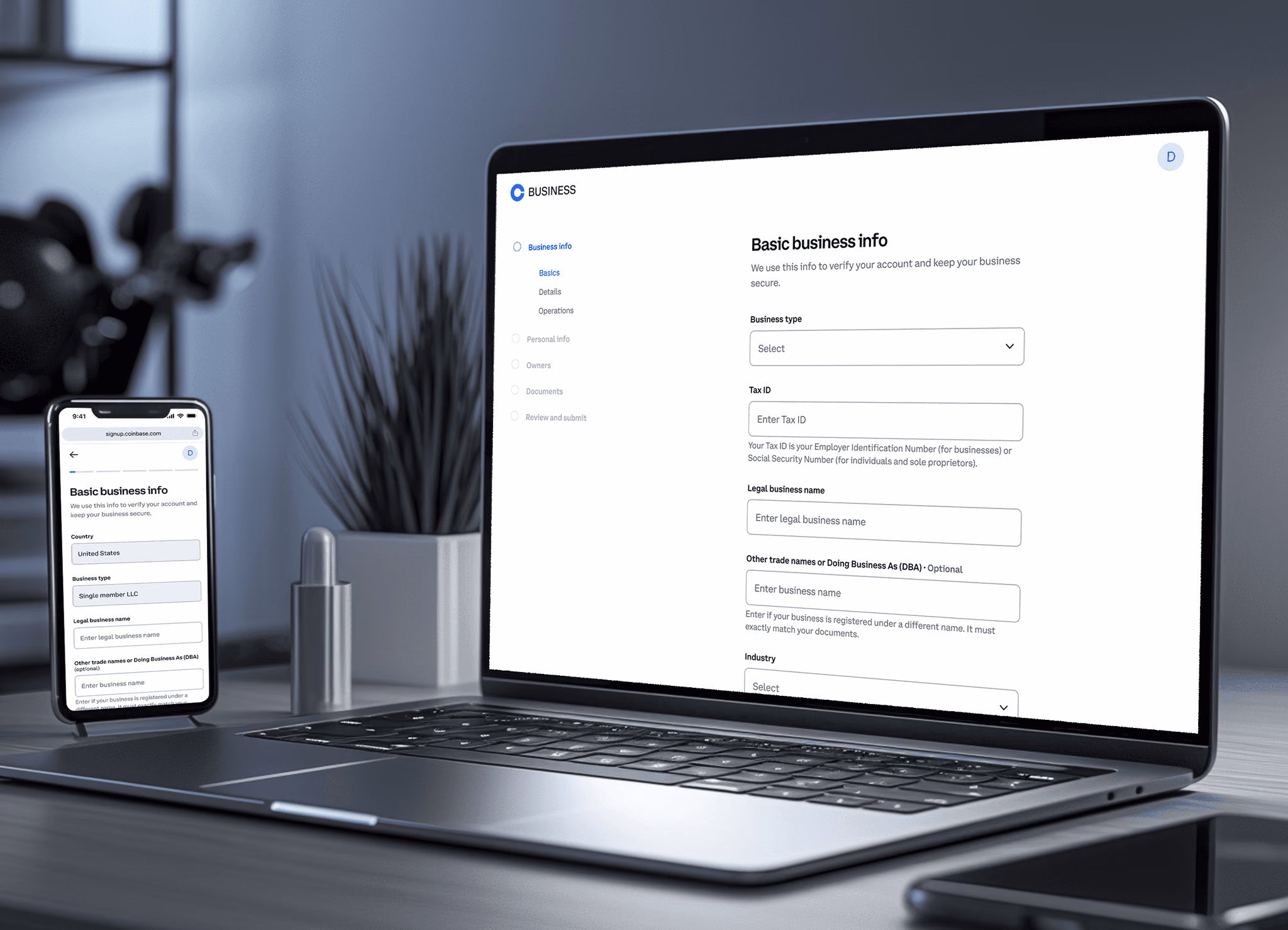 Business signup form asking for business type, tax ID, and legal name