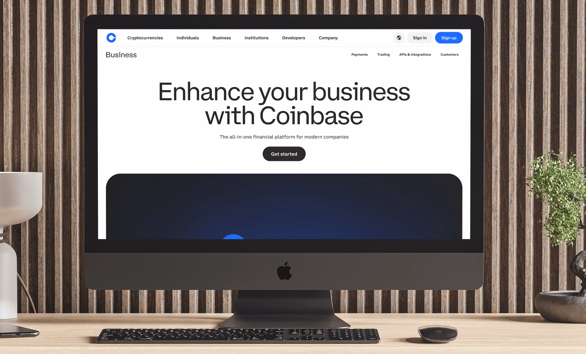 Coinbase Business marketing page reading 'Enhance your business with Coinbase'