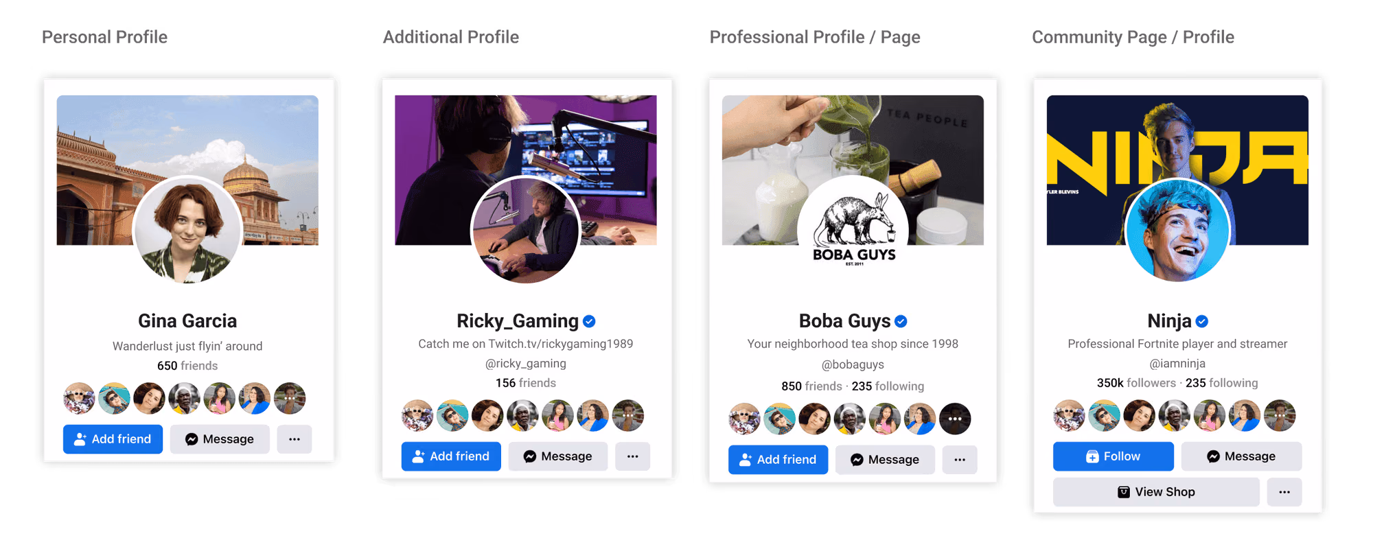 Four Facebook profile types side by side, nearly indistinguishable