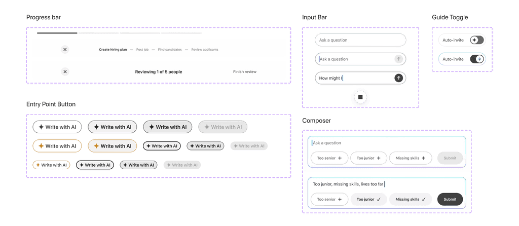 LinkedIn Hiring Assistant - Design system components: progress bar, input bar, composer, and entry points